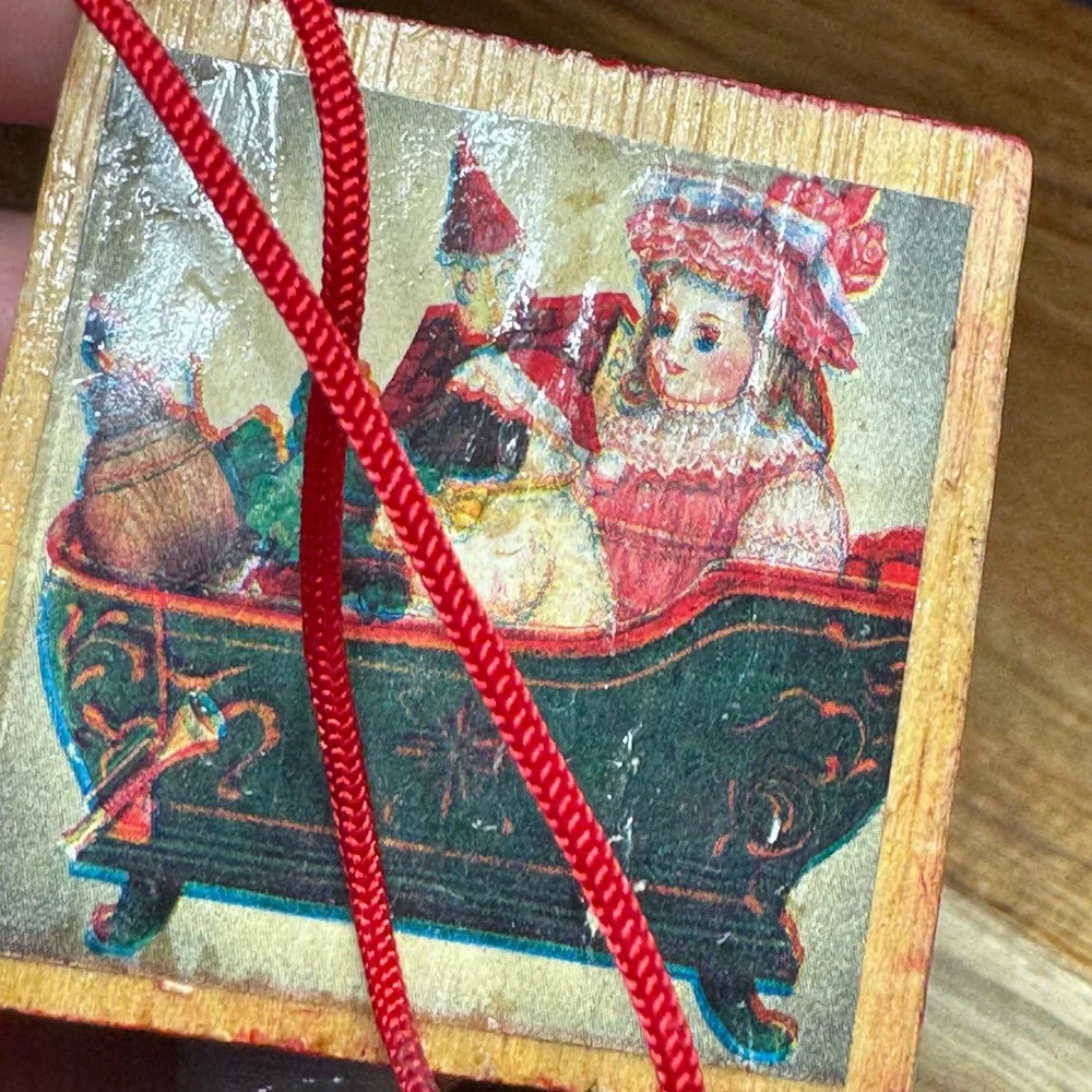 Vintage Wooden Alphabet Block Christmas Ornament Victorian Style ABC Toy Sleigh